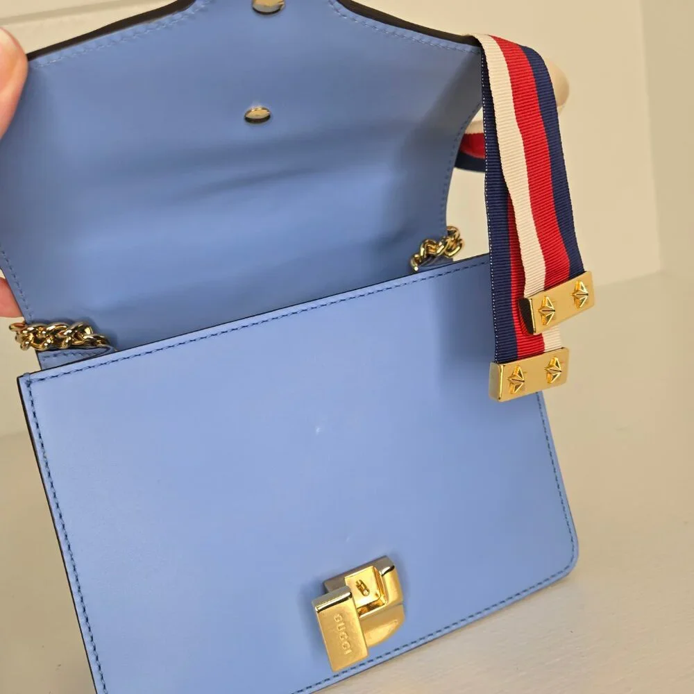 Gucci Sylvie Mini Flap Bag Blue with Ribbon & Chain Handbag Purse Crossbody - Picture 7 of 15